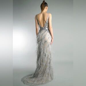 Basix Black Label Beaded Silver Evening Gown w/ Feathers